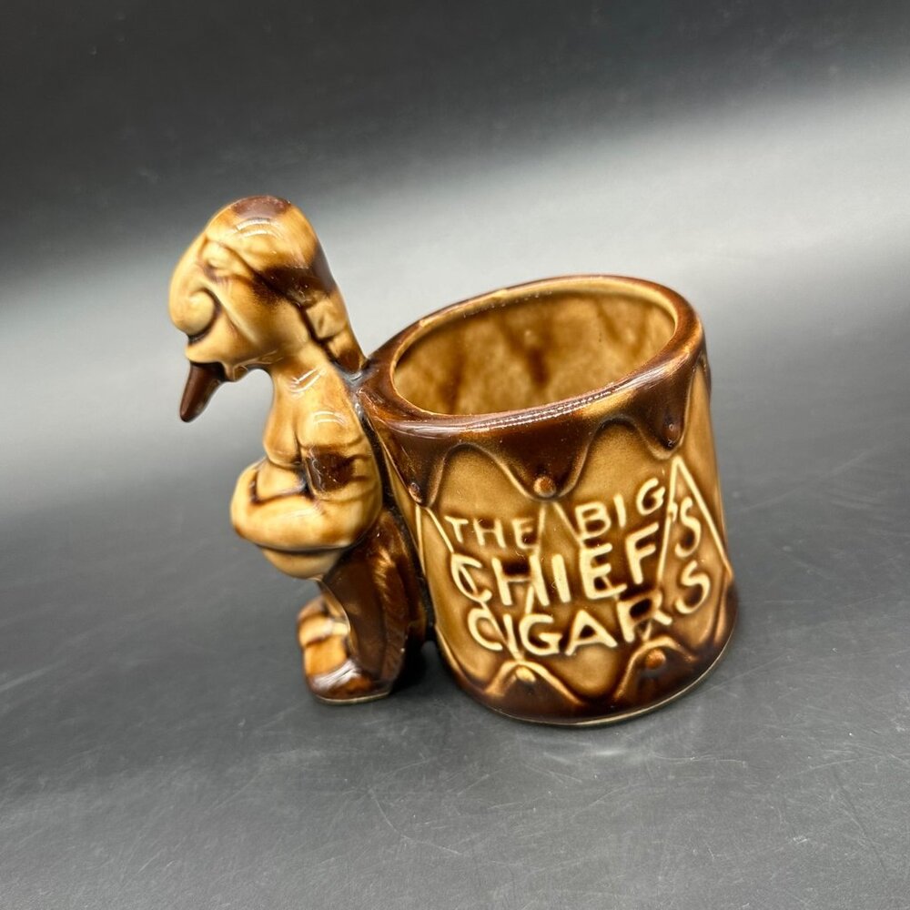 Vintage The Big Chiefs Cigars Pen Holder Planter 40s Ceramic GS Brown Organizer